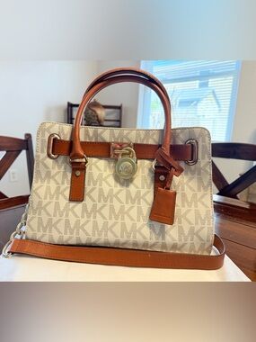 Michael Kors Hamilton Large Satchel Vanilla MK Logo | Dustbag + Strap